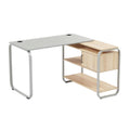 **Technische titel in het Nederlands: Eigentijdse bureau met houten planken en metalen frame**
