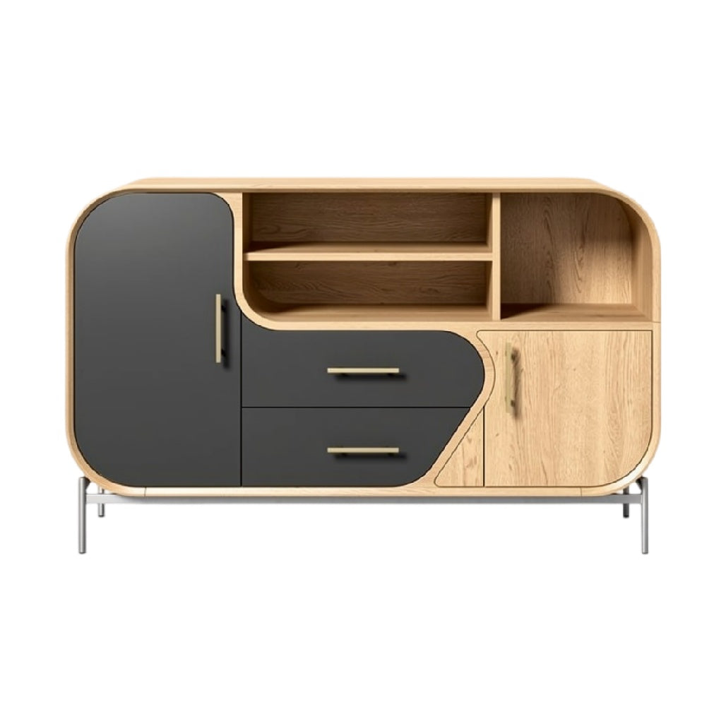 **Technische titel in het Nederlands: Moderne houten TV-meubel met zwarte accenten**